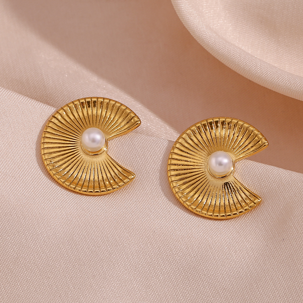 1 Pair French Style Sector Stainless Steel Plating Inlay Pearl 18k Gold Plated Ear Studs display picture 7