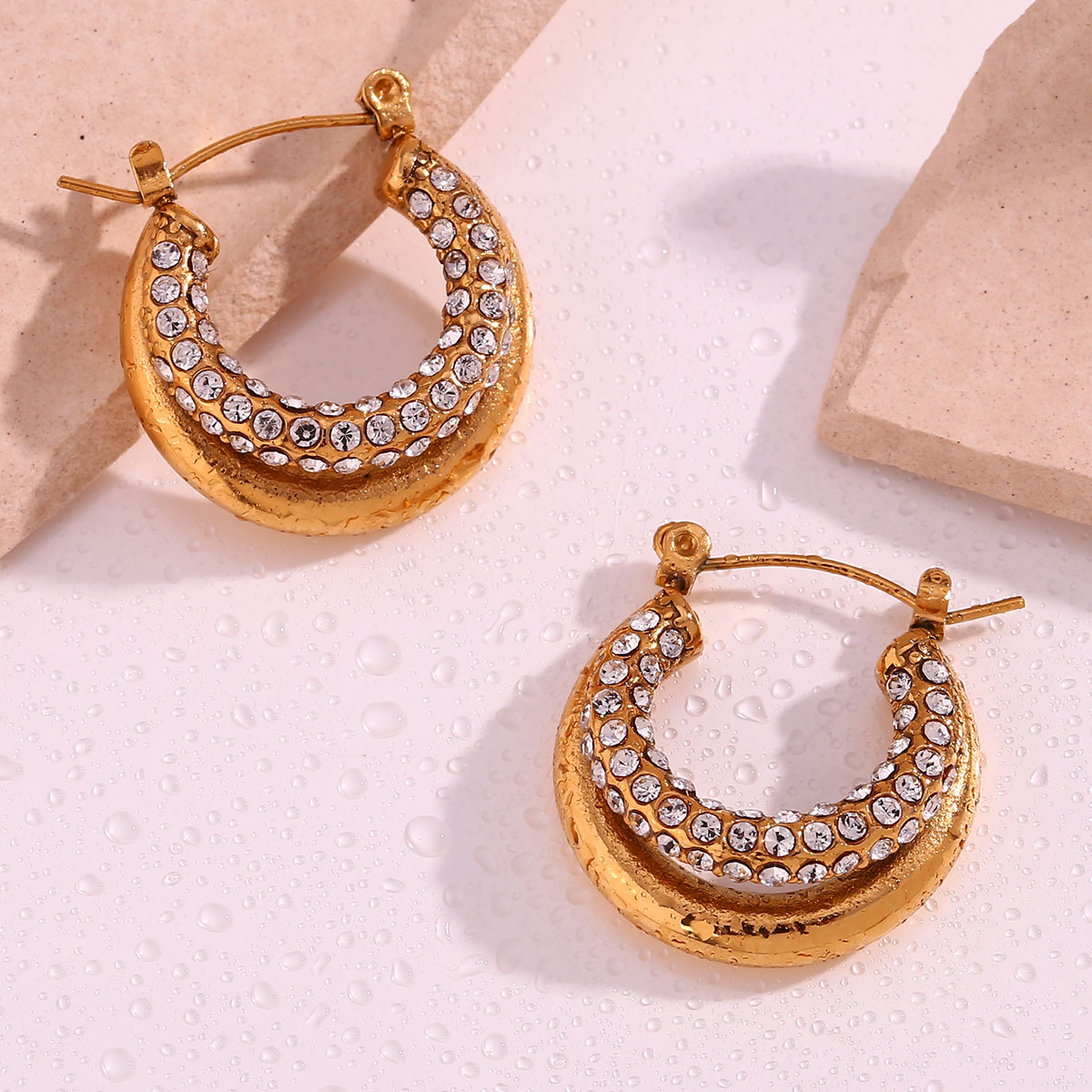 1 Paire À La Française Rond Acier Inoxydable Placage Incruster Zircon Plaqué Or 18k Boucles D'oreilles Cerceau display picture 12