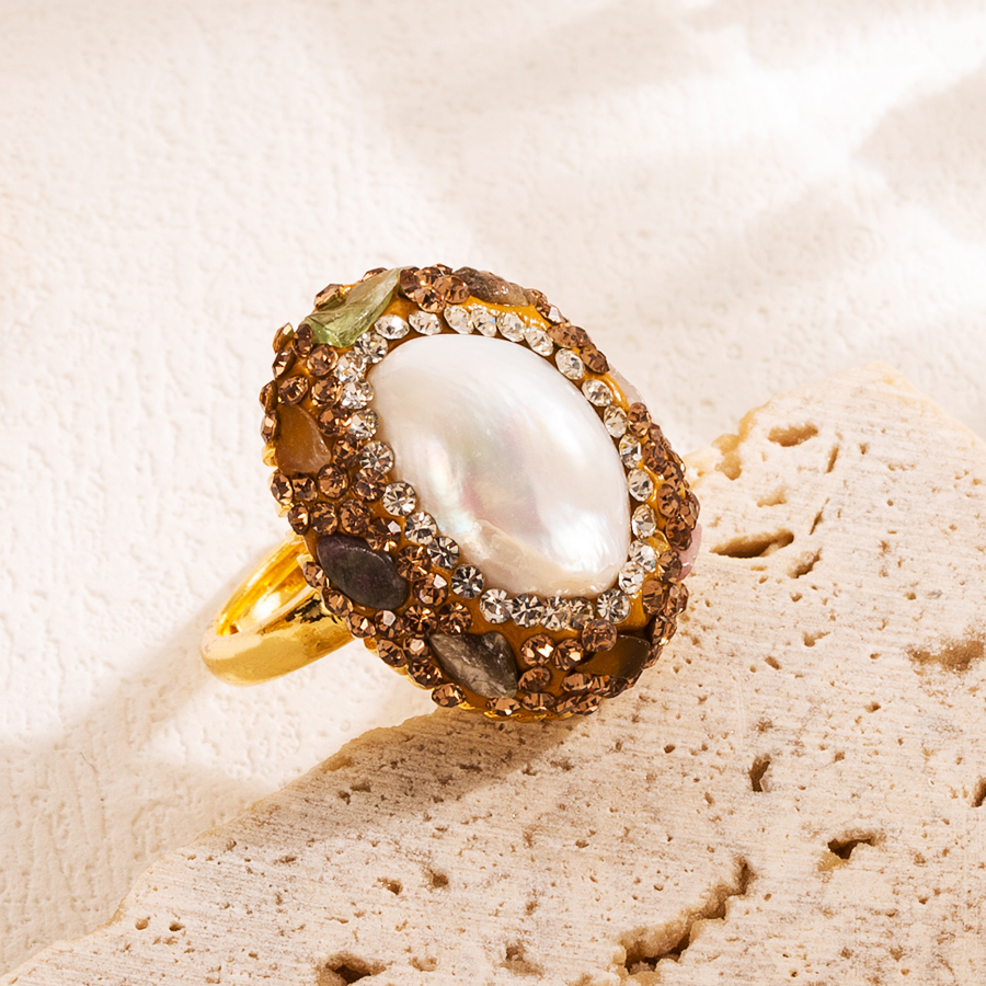 Elegant Luxuriös Irregulär Oval Kupfer Irregulär Naturstein Perle Zirkon 18 Karat Vergoldet Offener Ring display picture 3