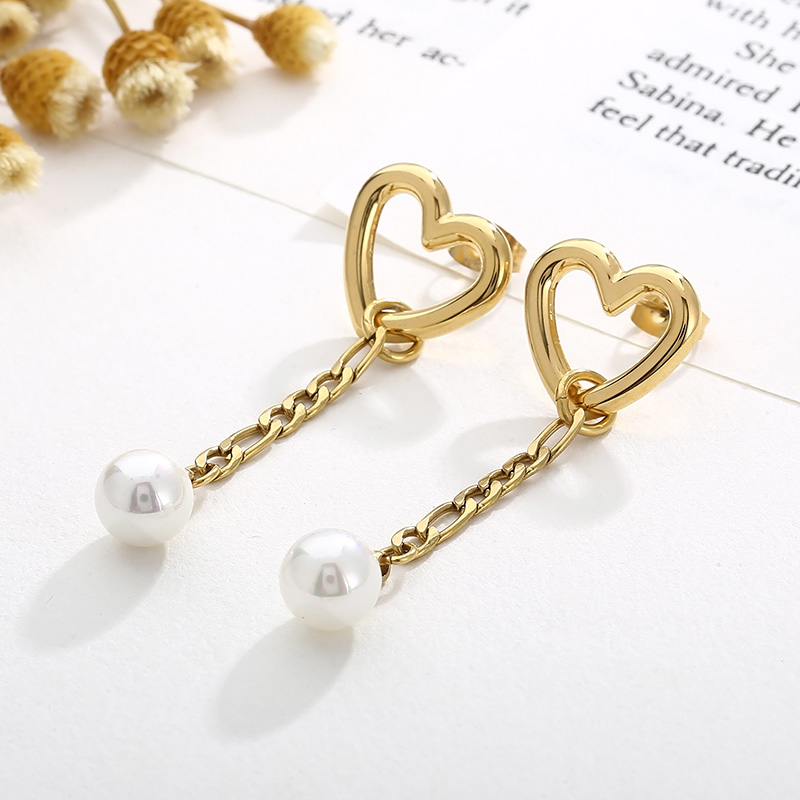 1 Pair Modern Style Streetwear Heart Shape Pearl Plating Stainless Steel 18K Gold Plated Drop Earrings display picture 4