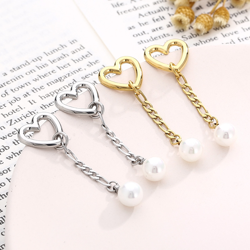 1 Pair Modern Style Streetwear Heart Shape Pearl Plating Stainless Steel 18K Gold Plated Drop Earrings display picture 2