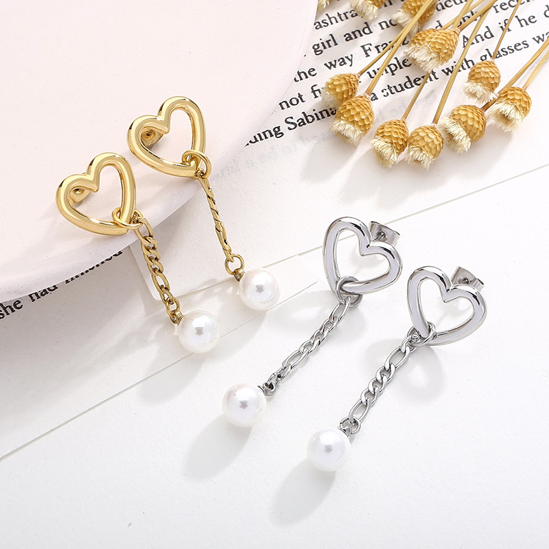 1 Pair Modern Style Streetwear Heart Shape Pearl Plating Stainless Steel 18K Gold Plated Drop Earrings display picture 6
