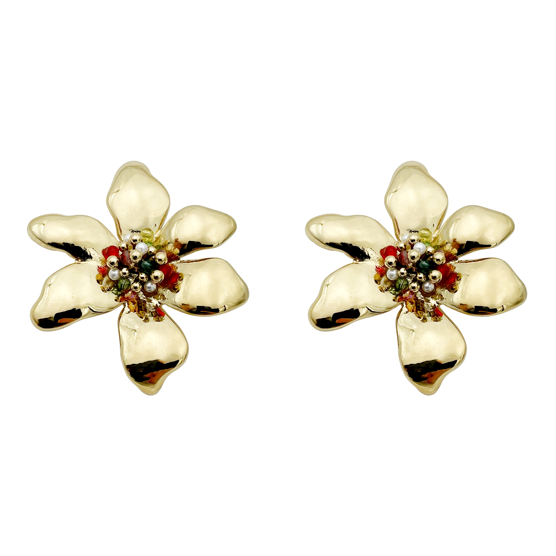 1 Pair Casual Retro Flower Plating Metal 304 Stainless Steel Beads 14K Gold Plated Ear Studs display picture 4