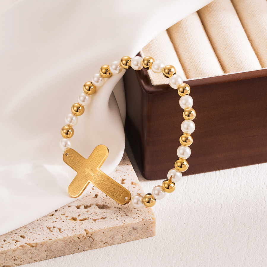 INS Style Cross Heart Shape Elephant 304 Stainless Steel Imitation Pearl 18K Gold Plated Bracelets In Bulk display picture 5