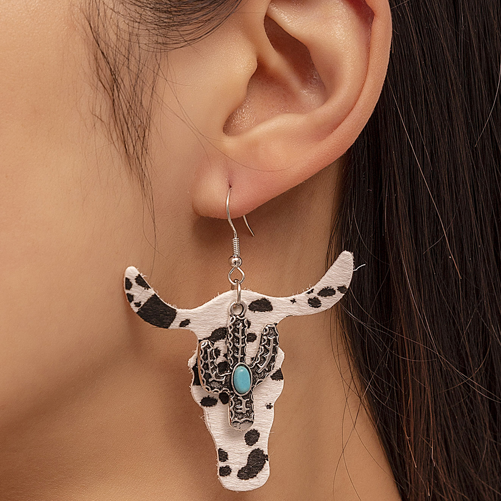 Casual Vacation Cactus Horns Leopard Alloy Wood Slice Inlay Artificial Gemstones Women's Ear Hook display picture 3