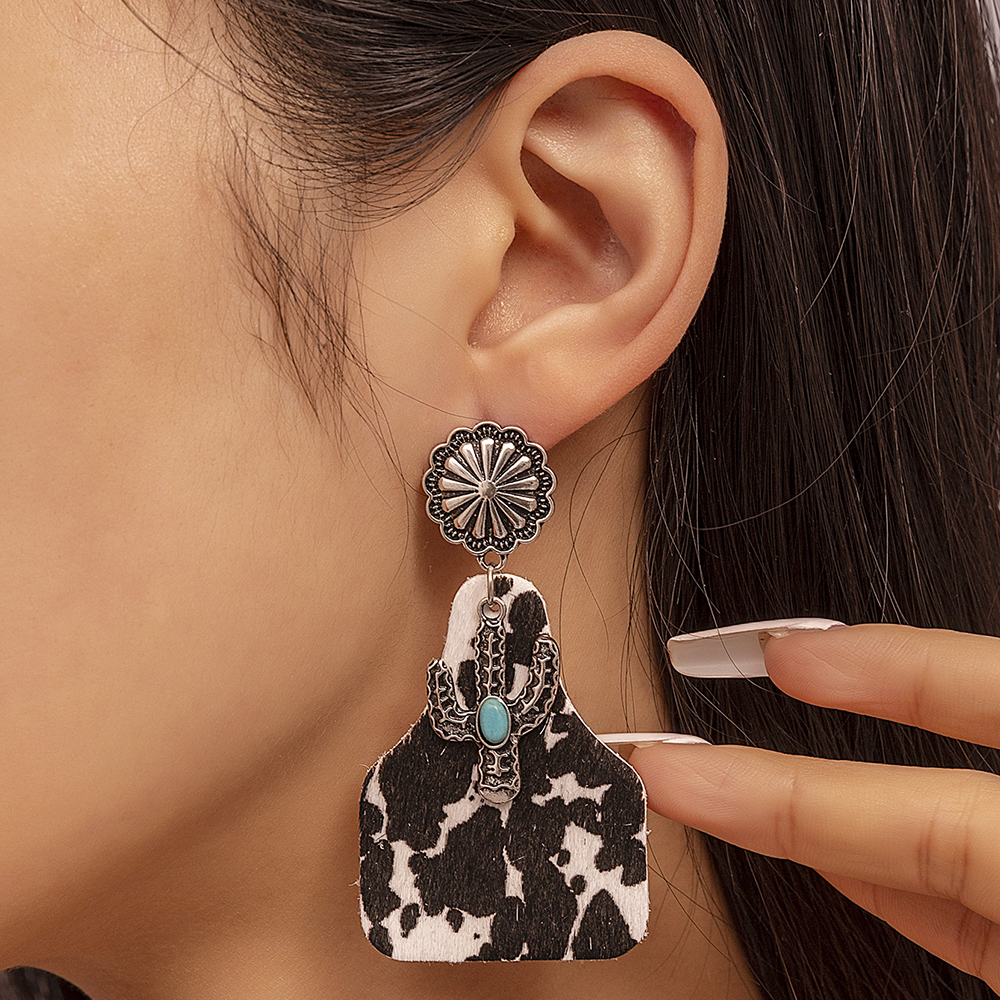 Casual Vacation Cactus Horns Leopard Alloy Wood Slice Inlay Artificial Gemstones Women's Ear Hook display picture 2