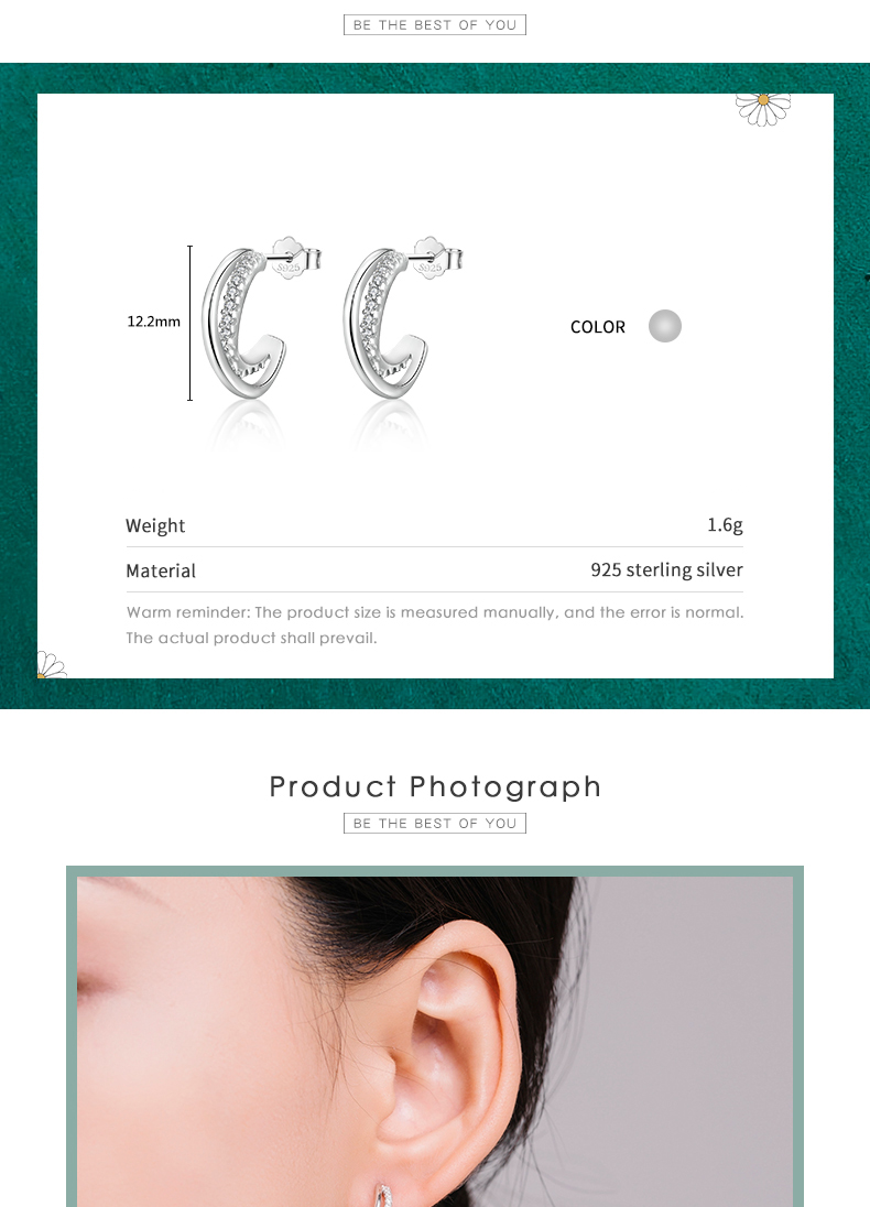 1 Pair Ins Style Simple Style C Shape Plating Inlay Sterling Silver Zircon Rhodium Plated Ear Studs display picture 5