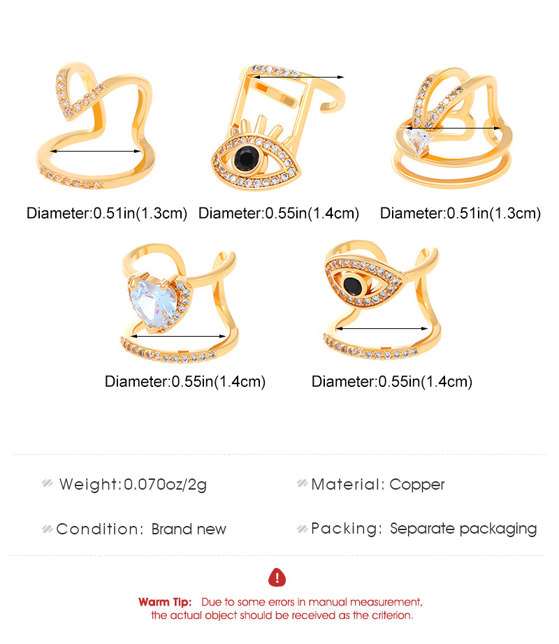 Casual Simple Style Devil's Eye Heart Shape Copper Hollow Out Inlay Zircon Open Ring display picture 1
