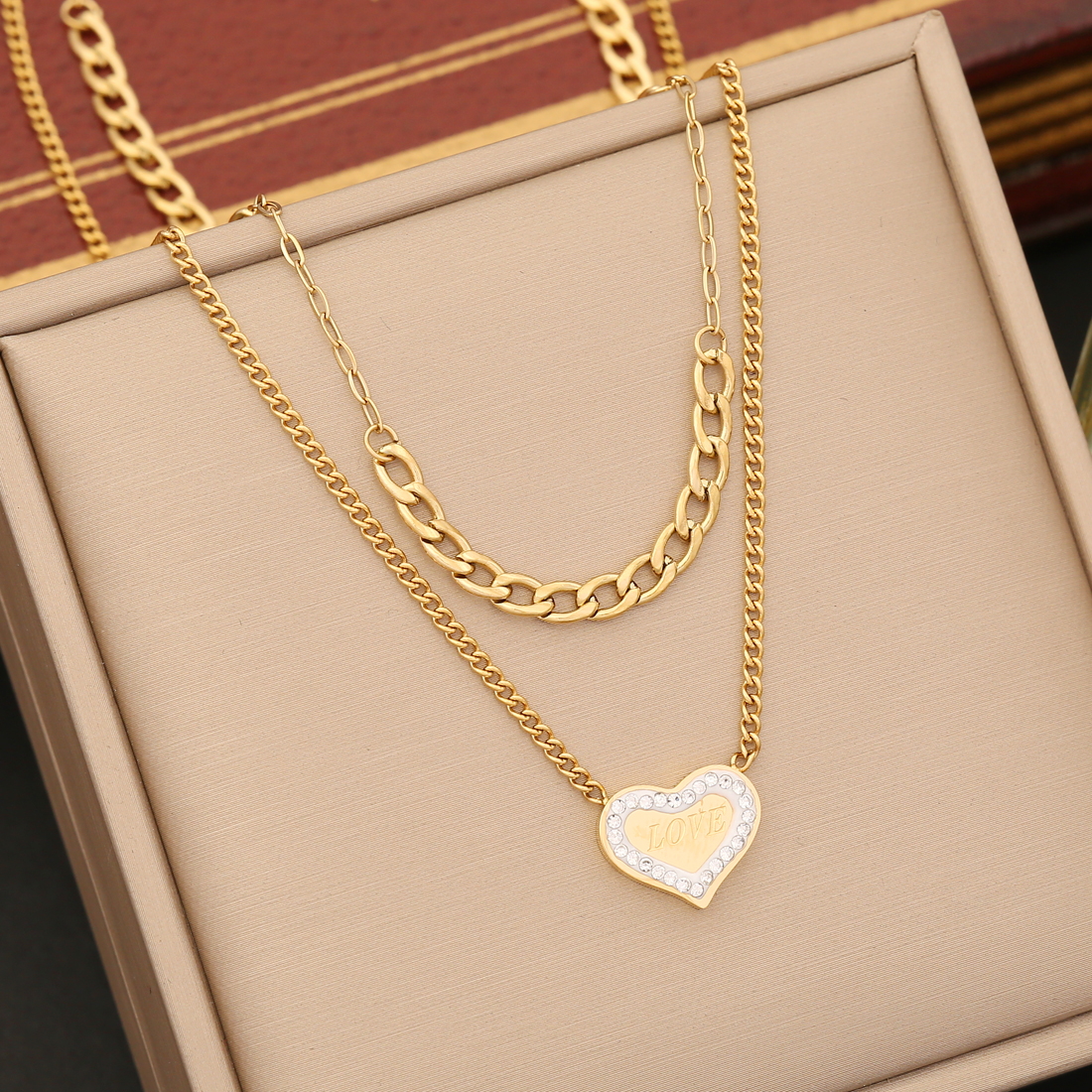 Acero Inoxidable Chapados en oro de 18k Retro Estilo Simple Embutido Forma De Corazón Diamante Artificial Pulsera Aretes Collar display picture 3