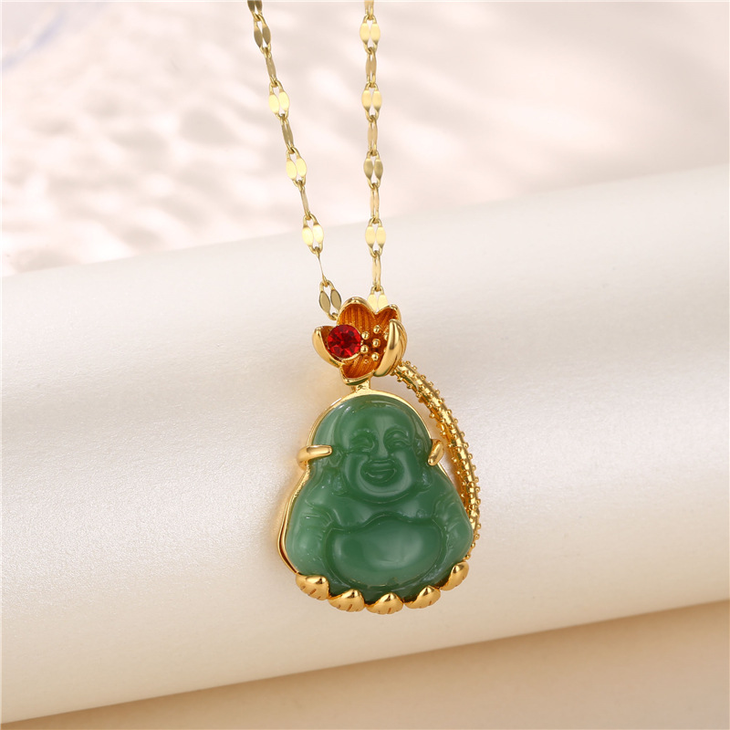 Chinoiserie Portrait Stainless Steel Titanium Steel Plating Inlay Jade Zircon 18k Gold Plated Gold Plated Pendant Necklace display picture 4