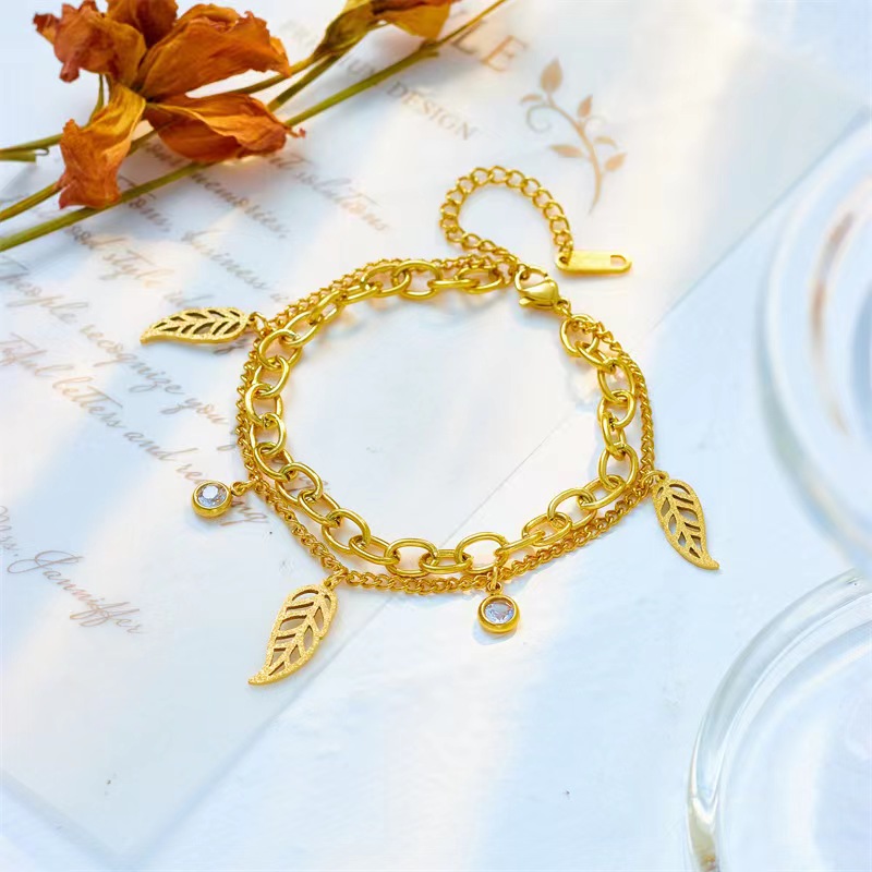 Simple Style Commute Leaves 304 Stainless Steel 18K Gold Plated Artificial Rhinestones Bracelets In Bulk display picture 2