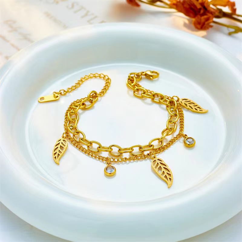 Simple Style Commute Leaves 304 Stainless Steel 18K Gold Plated Artificial Rhinestones Bracelets In Bulk display picture 3