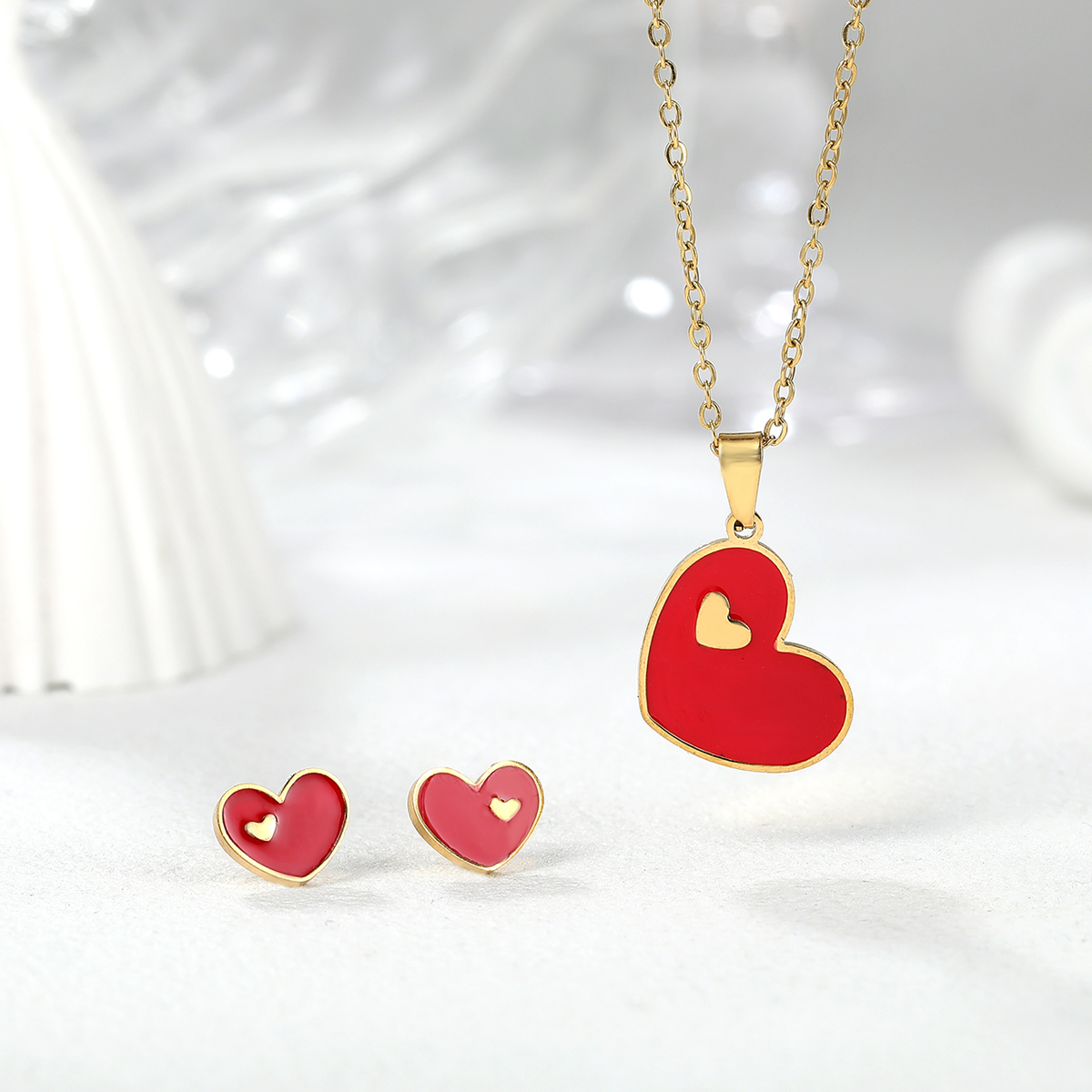 201 Stainless Steel 18K Gold Plated Romantic Sweet Enamel Plating Heart Shape Earrings Necklace display picture 10