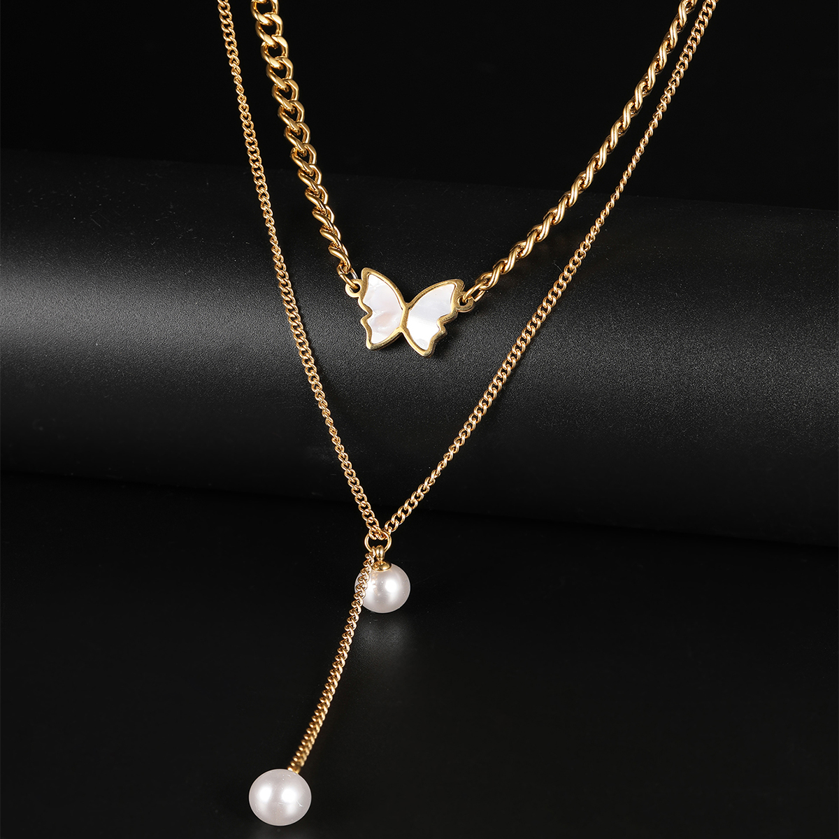 201 Stainless Steel 18K Gold Plated Romantic Sweet Plating Inlay Butterfly Artificial Pearls Shell Zircon Layered Necklaces display picture 10