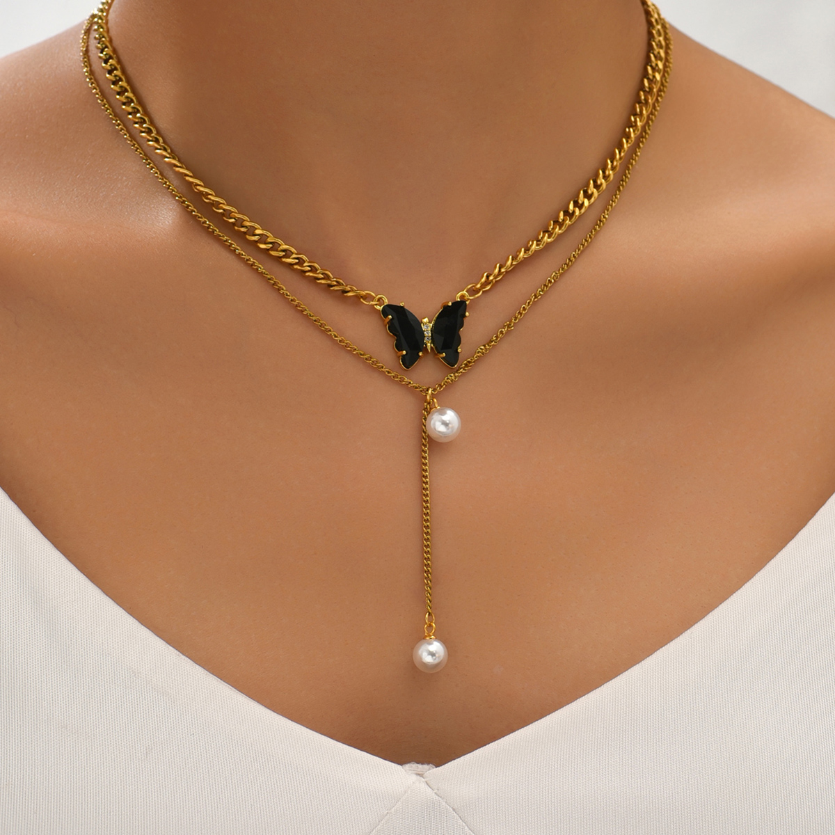 201 Stainless Steel 18K Gold Plated Romantic Sweet Plating Inlay Butterfly Artificial Pearls Shell Zircon Layered Necklaces display picture 14