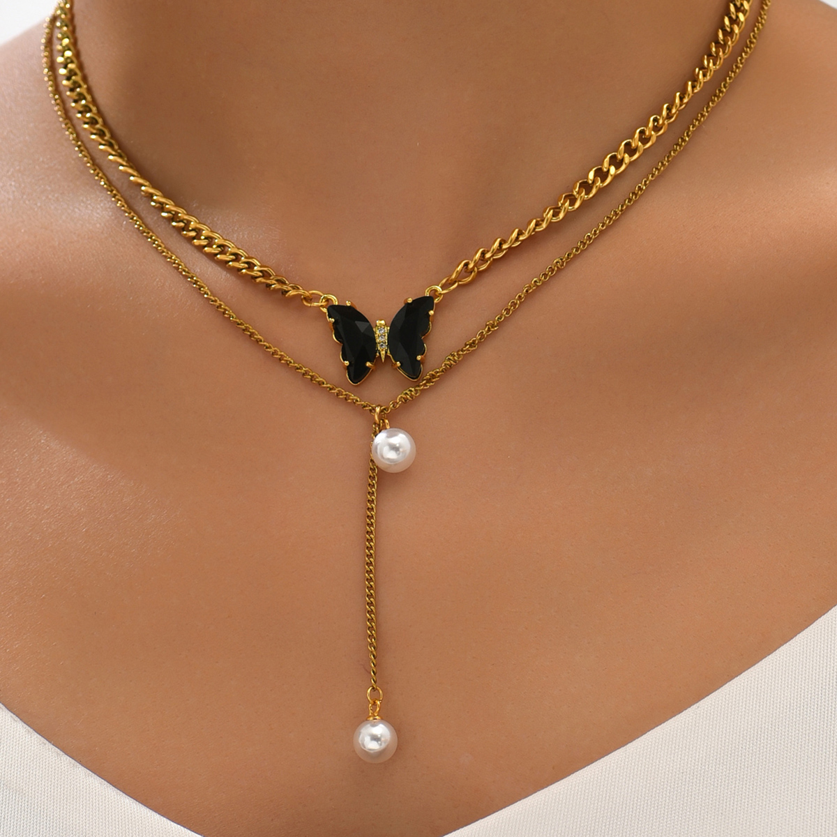 201 Stainless Steel 18K Gold Plated Romantic Sweet Plating Inlay Butterfly Artificial Pearls Shell Zircon Layered Necklaces display picture 6