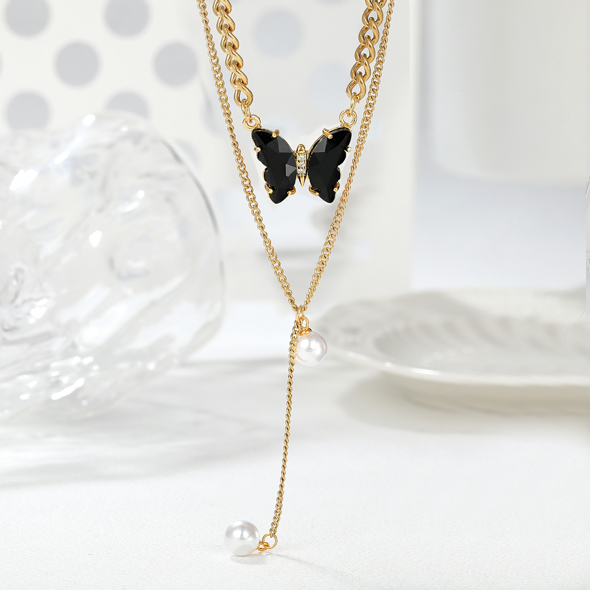 201 Stainless Steel 18K Gold Plated Romantic Sweet Plating Inlay Butterfly Artificial Pearls Shell Zircon Layered Necklaces display picture 12