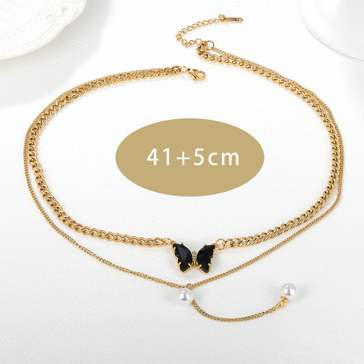 201 Stainless Steel 18K Gold Plated Romantic Sweet Plating Inlay Butterfly Artificial Pearls Shell Zircon Layered Necklaces display picture 8