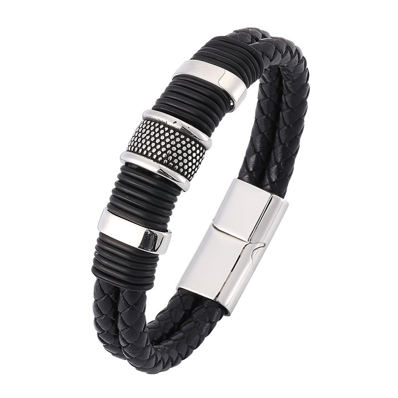 Punk Simple Style Solid Color Stainless Steel Pu Leather Plating Magnetic Silver Plated Men's Wristband display picture 1