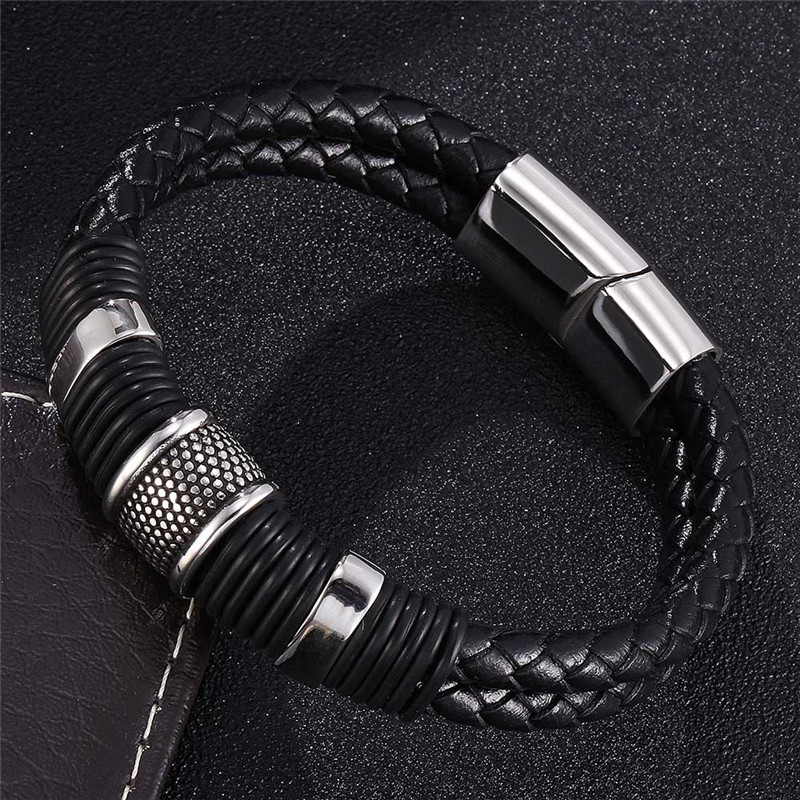 Punk Simple Style Solid Color Stainless Steel Pu Leather Plating Magnetic Silver Plated Men's Wristband display picture 5