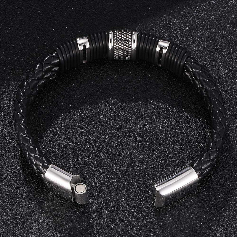 Punk Simple Style Solid Color Stainless Steel Pu Leather Plating Magnetic Silver Plated Men's Wristband display picture 4