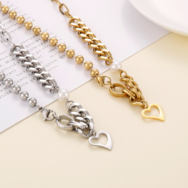 Stainless Steel 18K Gold Plated Cool Style Inlay Heart Shape Artificial Pearls Necklace display picture 7
