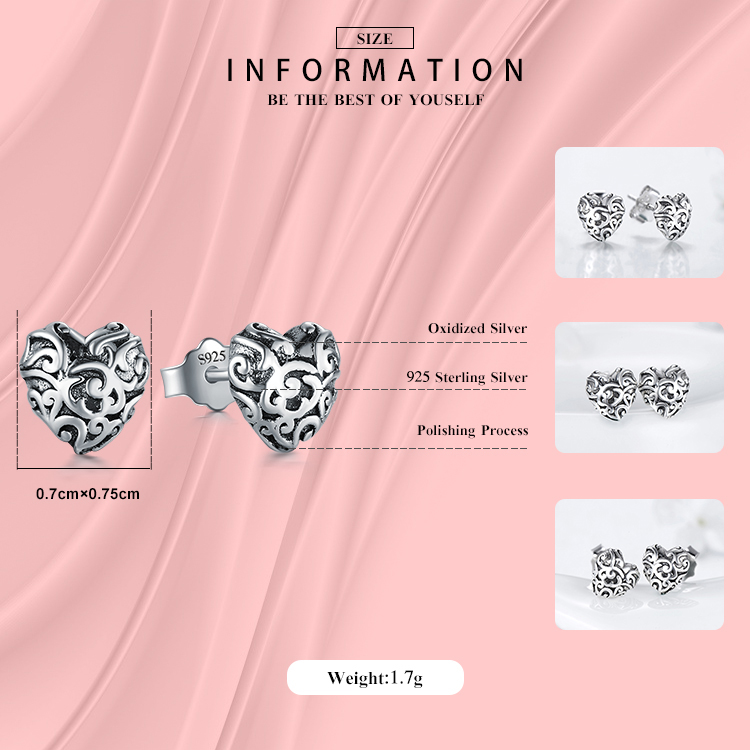 1 Pair Retro Heart Shape Sterling Silver Plating Inlay Zircon Ear Studs display picture 2