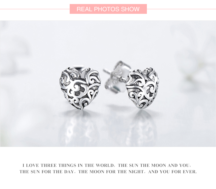 1 Pair Retro Heart Shape Sterling Silver Plating Inlay Zircon Ear Studs display picture 4