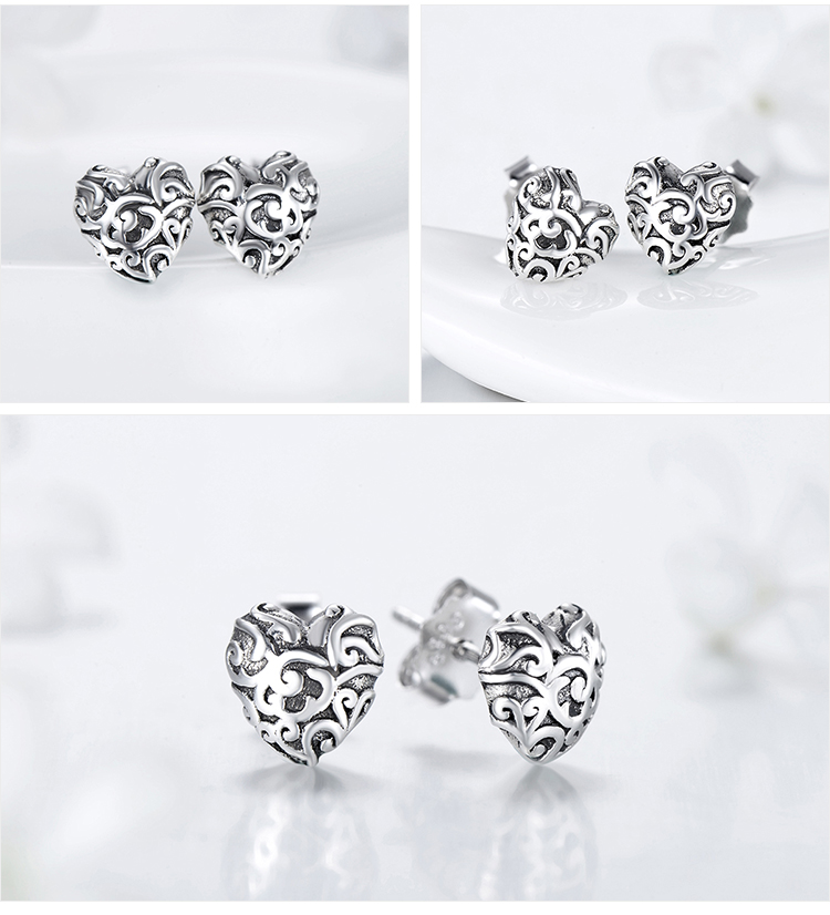 1 Pair Retro Heart Shape Sterling Silver Plating Inlay Zircon Ear Studs display picture 5