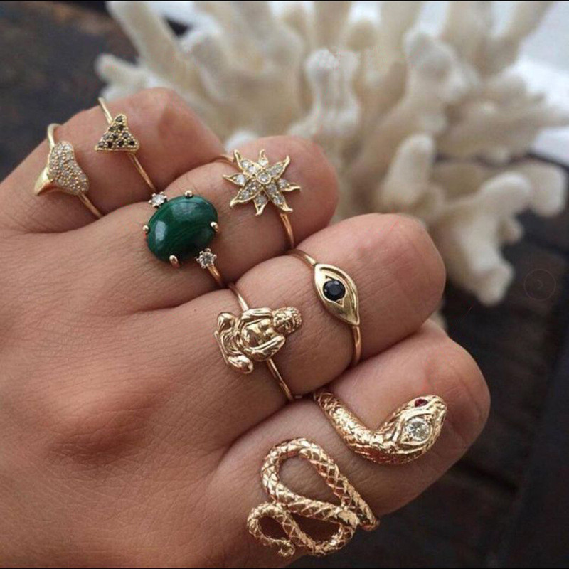 Retro Punk Tortoise Round Snake Alloy Plating Hollow Out Inlay Artificial Gemstones Opal Gold Plated Silver Plated Women's Open Ring Rings display picture 20