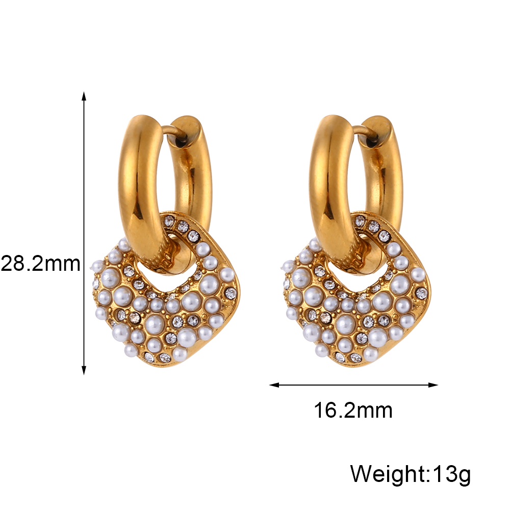 1 Pair Modern Style Artistic Square Stainless Steel Plating Inlay Artificial Pearls Rhinestones 18k Gold Plated Drop Earrings display picture 2