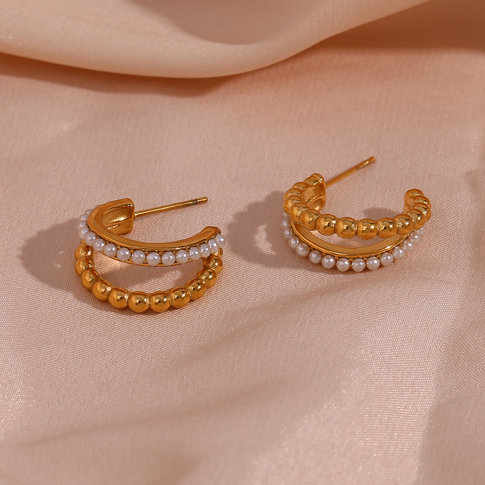 1 Pair Modern Style C Shape Plating Inlay Stainless Steel Artificial Pearls 18k Gold Plated Ear Studs display picture 4
