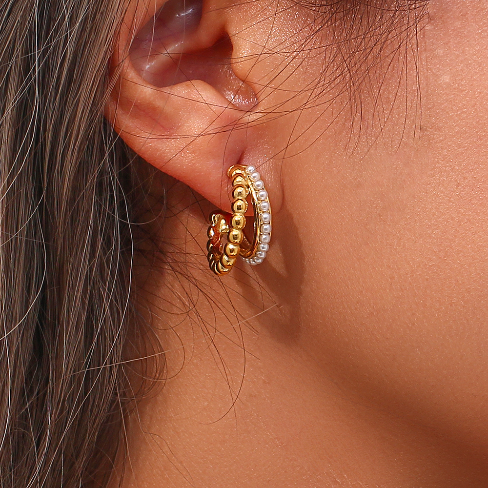 1 Pair Modern Style C Shape Plating Inlay Stainless Steel Artificial Pearls 18k Gold Plated Ear Studs display picture 13