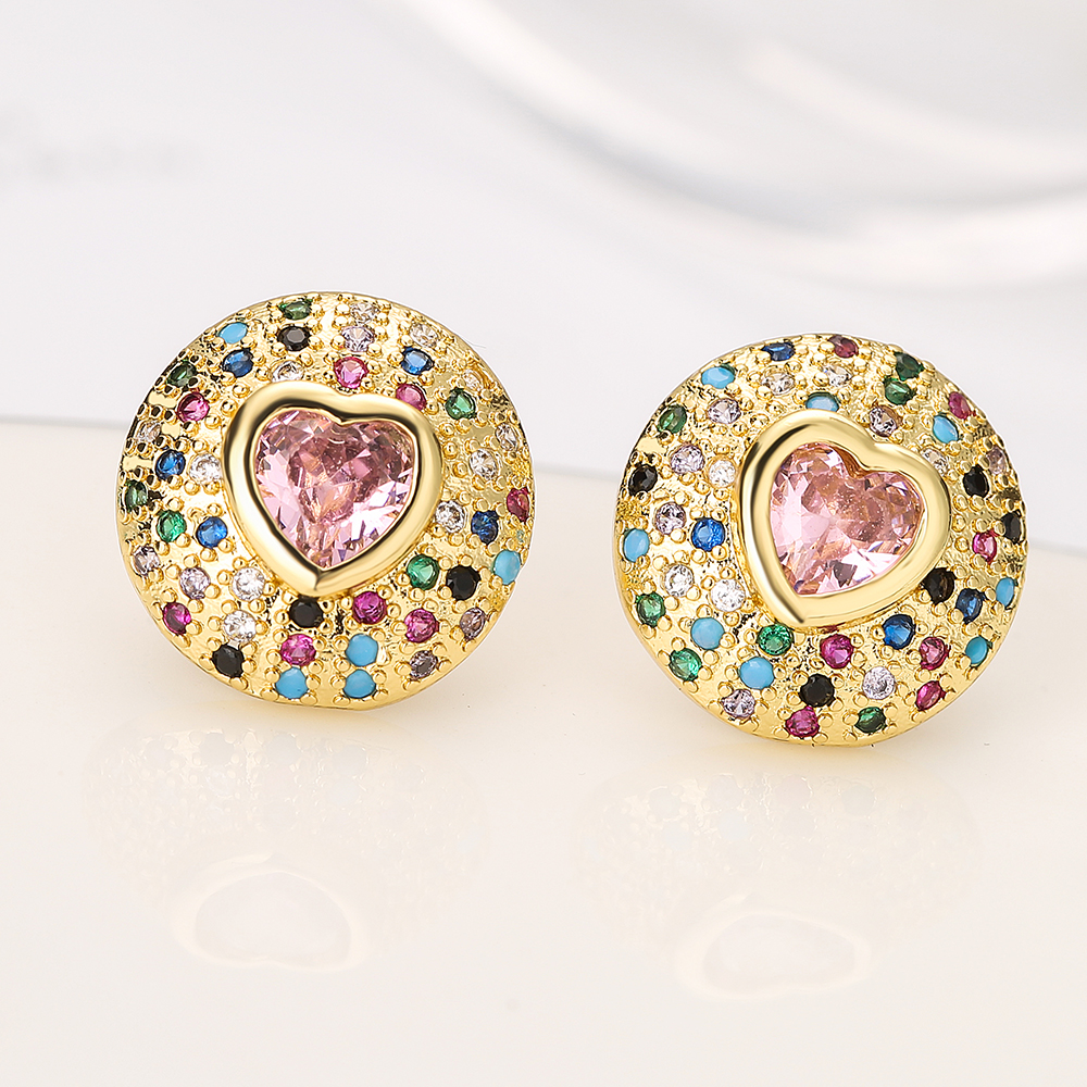 1 Pair Retro Commute Heart Shape Flower Copper Plating Inlay Zircon 18k Gold Plated Ear Studs display picture 3