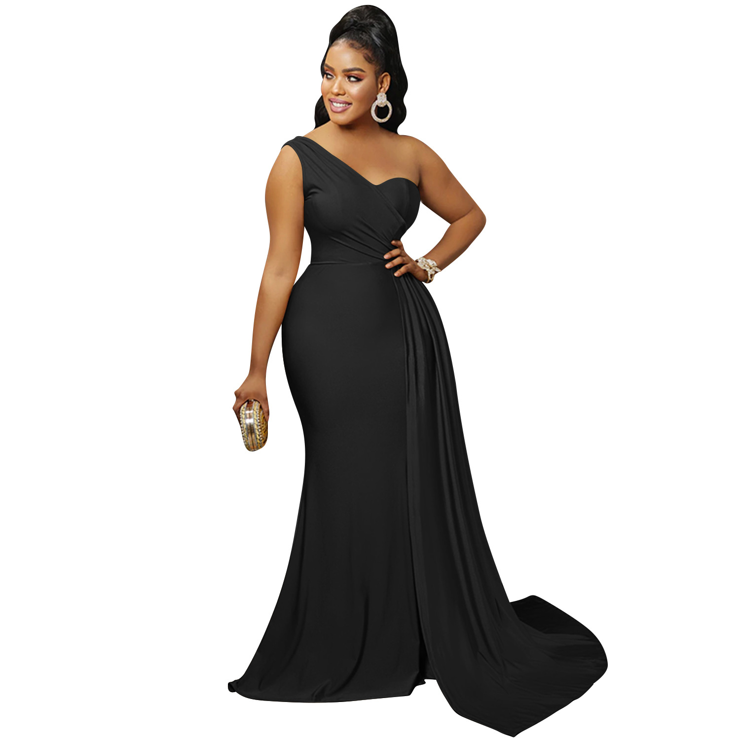 Women's Irregular Skirt Elegant Oblique Collar Patchwork Pleated Backless Sleeveless Solid Color Maxi Long Dress Daily display picture 4