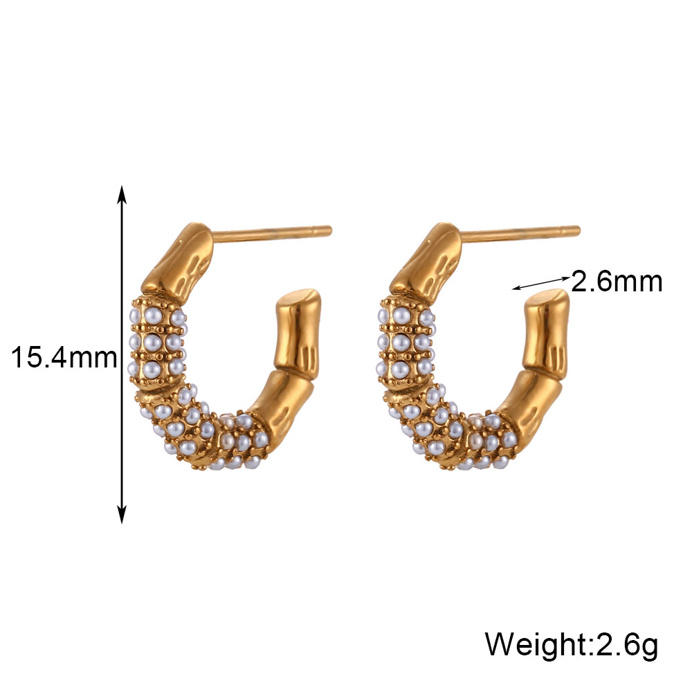 1 Pair Modern Style C Shape Plating Inlay Stainless Steel Rhinestones Pearl 18k Gold Plated Ear Studs display picture 2