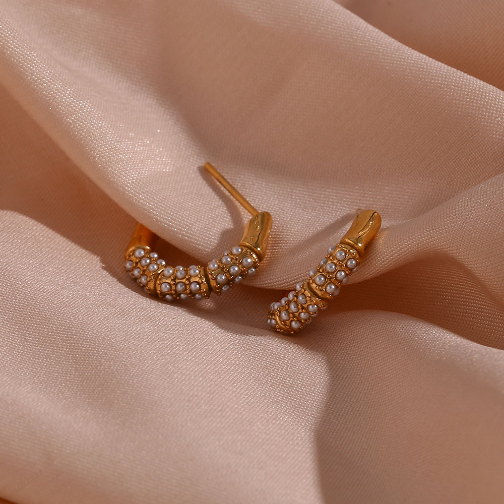 1 Pair Modern Style C Shape Plating Inlay Stainless Steel Rhinestones Pearl 18k Gold Plated Ear Studs display picture 5