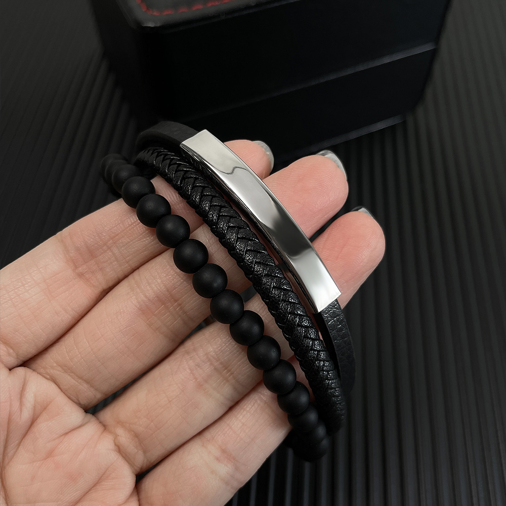 Hip-Hop Vintage Style Solid Color 304 Stainless Steel Pu Leather Braid Men'S Bracelets display picture 10