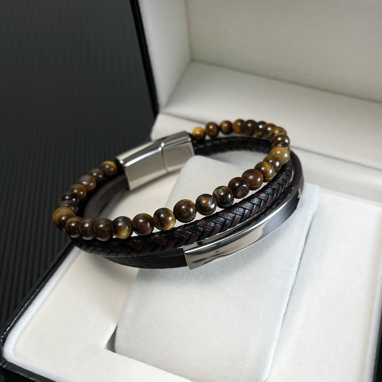 Hip-Hop Vintage Style Round Stainless Steel Pu Leather Tiger Eye Beaded Artificial Leather Men'S Bracelets display picture 4