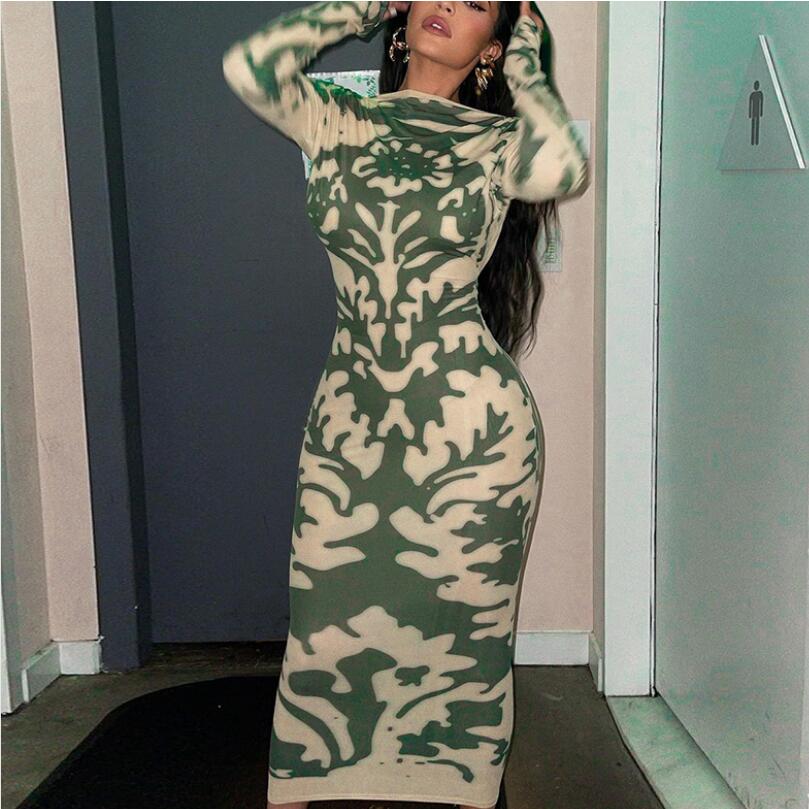 Women's Pencil Skirt Casual Elegant Sexy Round Neck Backless Long Sleeve Printing Maxi Long Dress Daily Date display picture 5