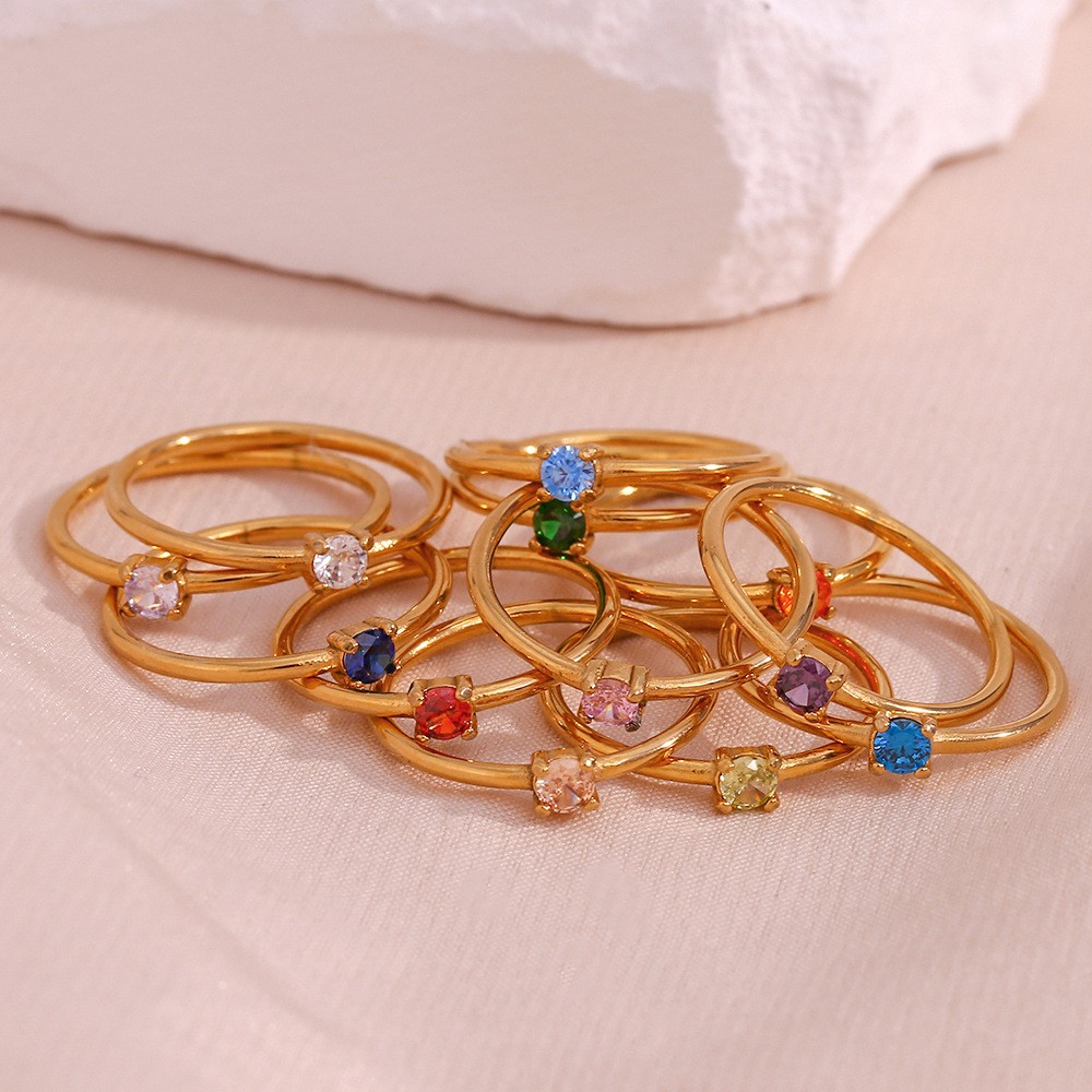 304 Stainless Steel 18K Gold Plated Elegant Simple Style Plating Inlay Round Birthstone Zircon Rings display picture 1