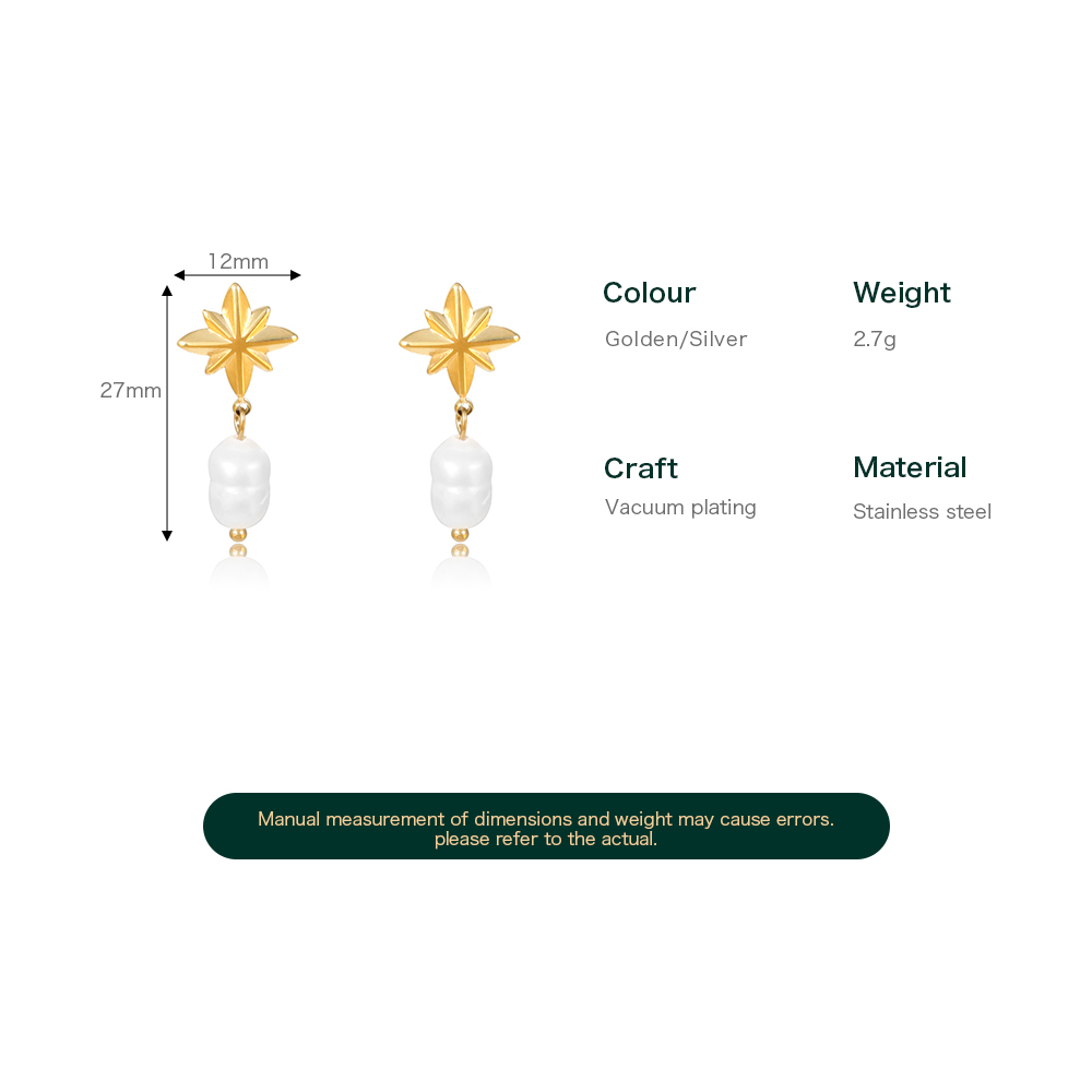 1 Pair Sweet Commute Eight Awn Star Pearl Plating Stainless Steel Drop Earrings display picture 4