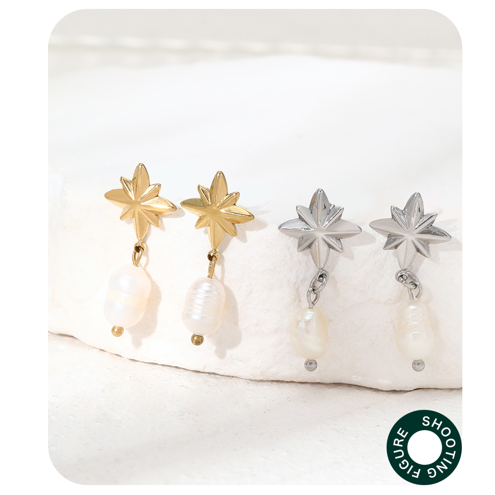 1 Pair Sweet Commute Eight Awn Star Pearl Plating Stainless Steel Drop Earrings display picture 5