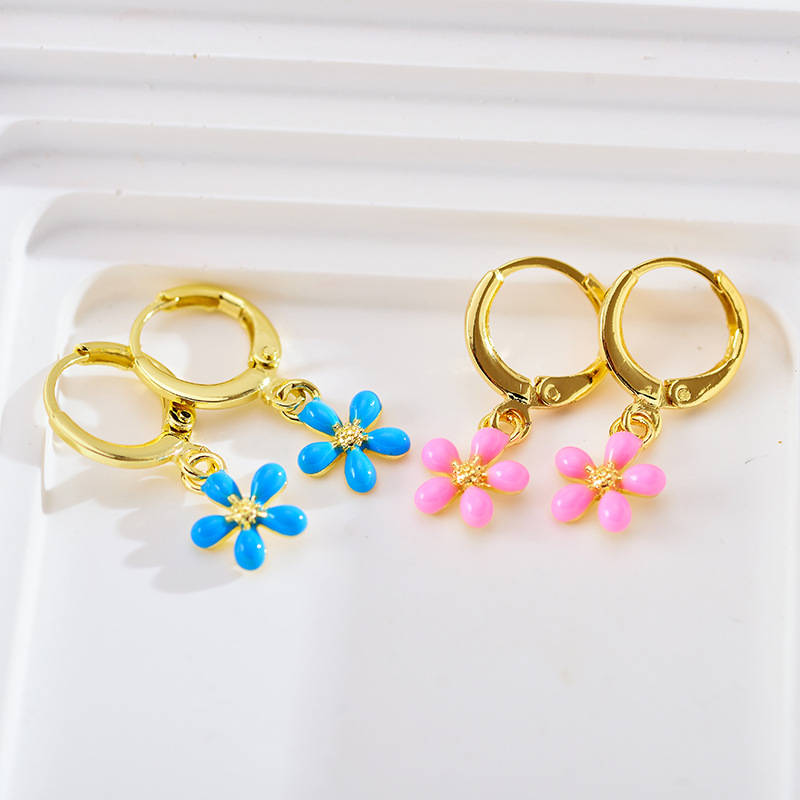 1 Pair Cute Vacation Flower Enamel Plating Copper Gold Plated Drop Earrings display picture 2