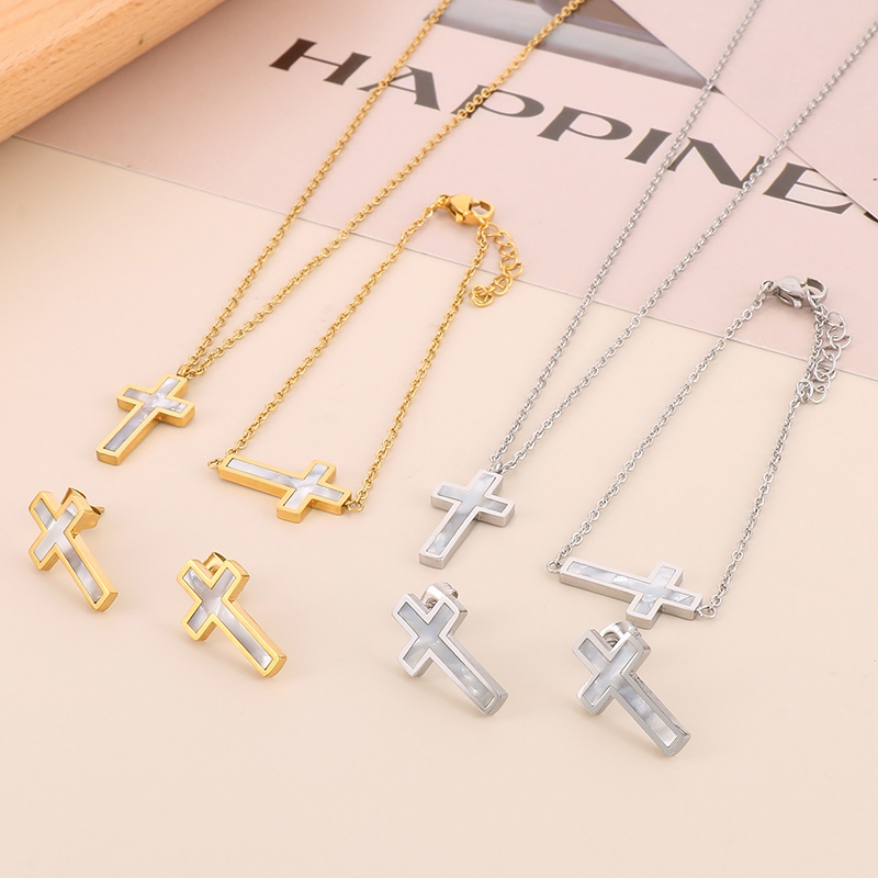 Titanium Steel 18K Gold Plated Vacation Plating Inlay Cross Shell Bracelets Earrings Necklace display picture 5