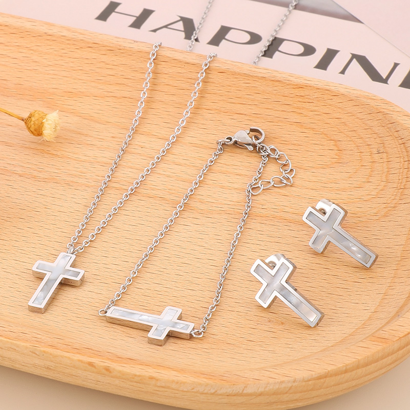 Titanium Steel 18K Gold Plated Vacation Plating Inlay Cross Shell Bracelets Earrings Necklace display picture 6