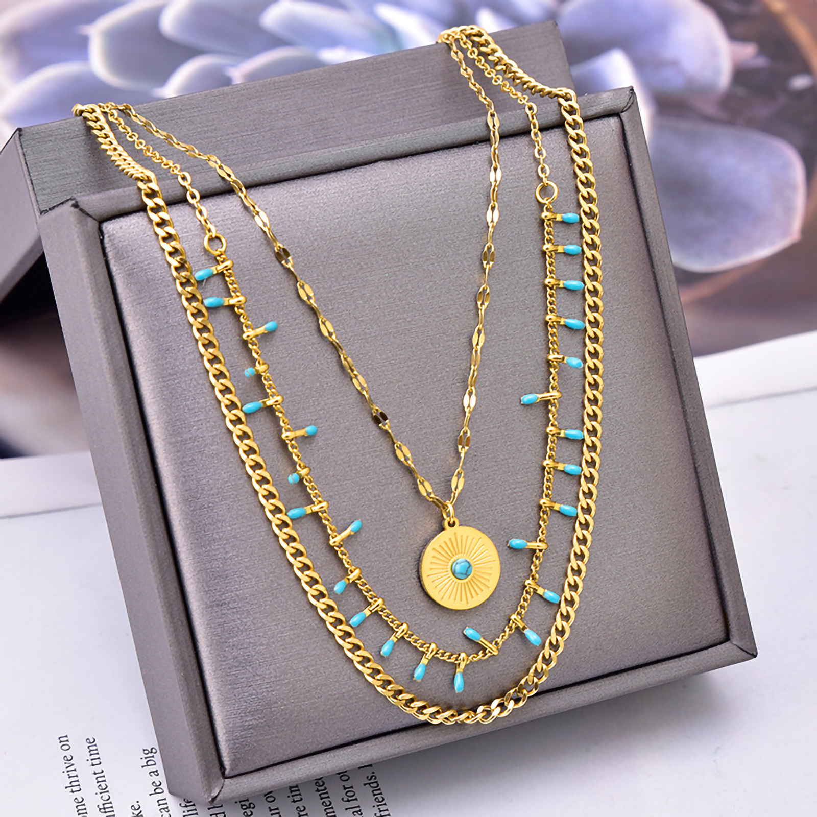 Vintage Style Exaggerated Round Titanium Steel Plating Inlay Turquoise 18k Gold Plated Layered Necklaces display picture 4
