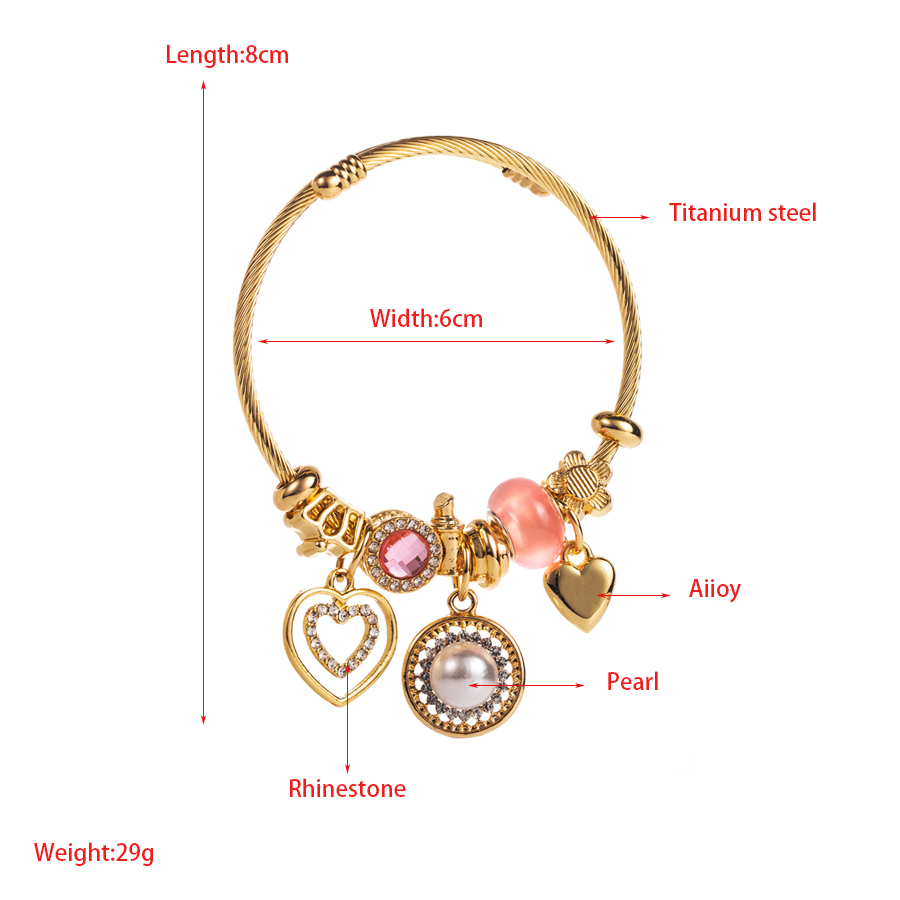 Sweet Heart Shape Pearl Alloy Titanium Steel Plating Inlay Rhinestones Gold Plated Women's Bangle display picture 1