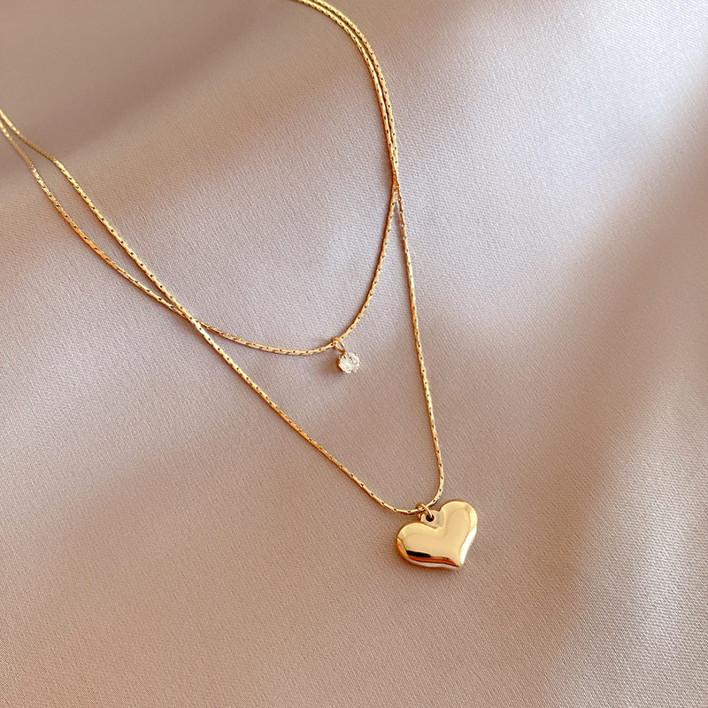 304 Stainless Steel 18K Gold Plated IG Style Plating Inlay Heart Shape Artificial Rhinestones Layered Necklaces display picture 4