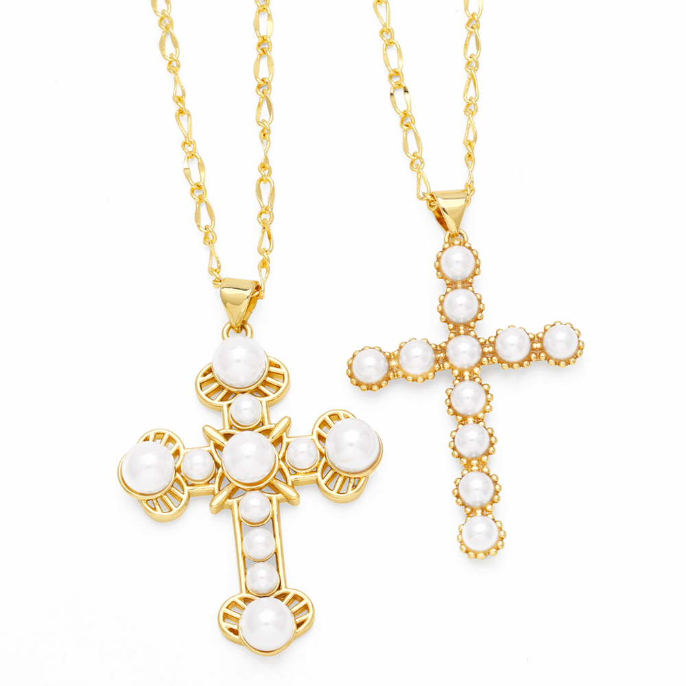 Elegant Cross Stainless Steel Copper Plating Inlay Pearl 18k Gold Plated Pendant Necklace display picture 2